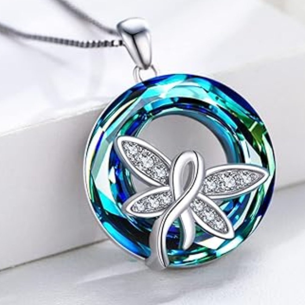 Dragonfly Crystal Pendant Necklace - 925 Sterling Silver